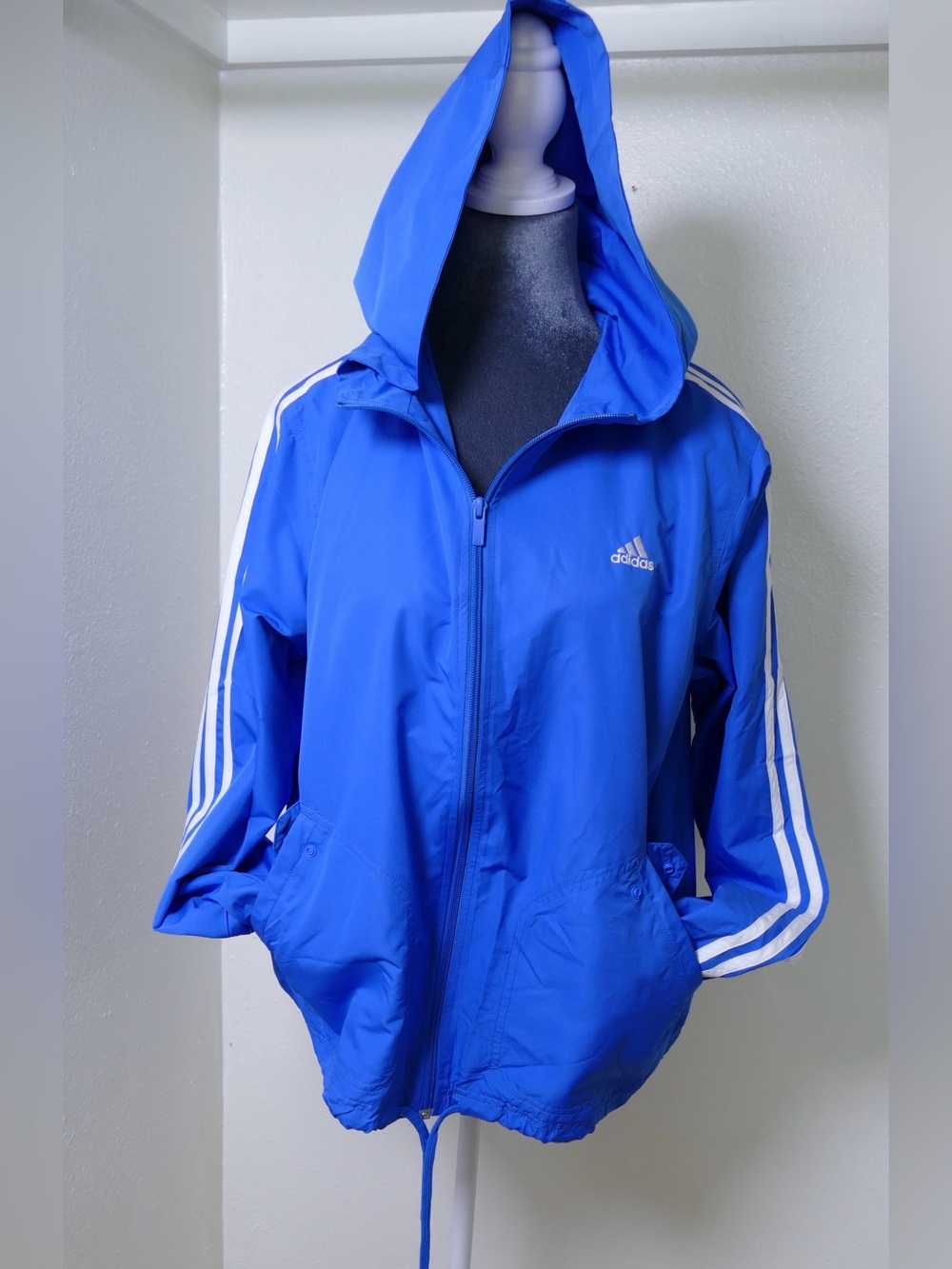 Adidas 3-Stripe Windbreaker Jacket Blue Full Zip Hooded  Lined Size L Y2K 2004